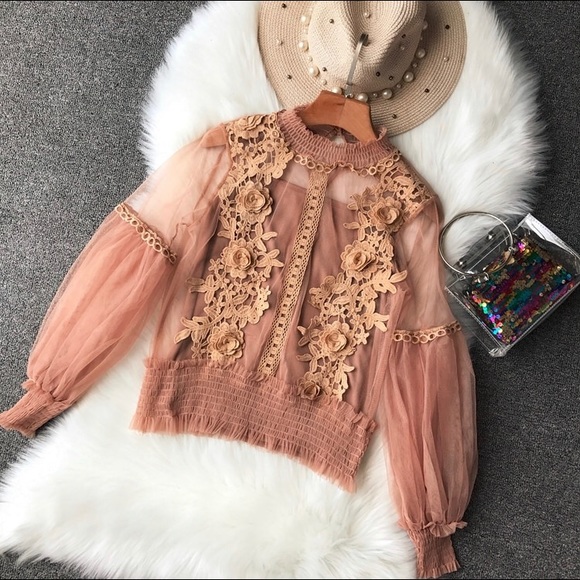 Lace Mesh Crochet Long Sleeve Blouse - Picture 8 of 8